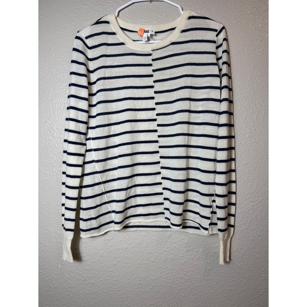 PAIGE Allie Merino Wool Blend Striped Sweater Ivory Navy Size L